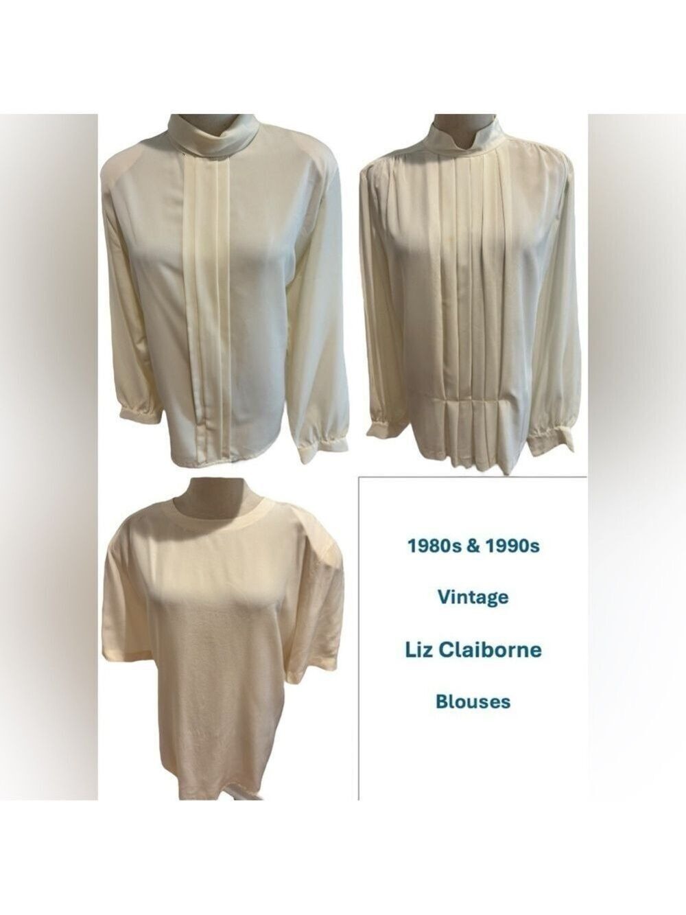 80s&90s L0T OF 3 LIZ CLAIBORNE OVERSIZED & JONES NY CREAM BLOUSES SZ 12, 14, 18W